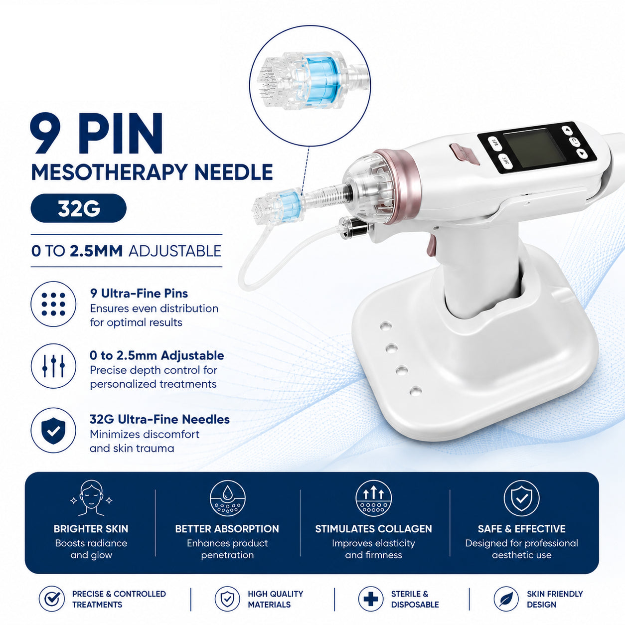9 Pin 32G Mesotherapy Needle 0 to 2.5mm Adjustable