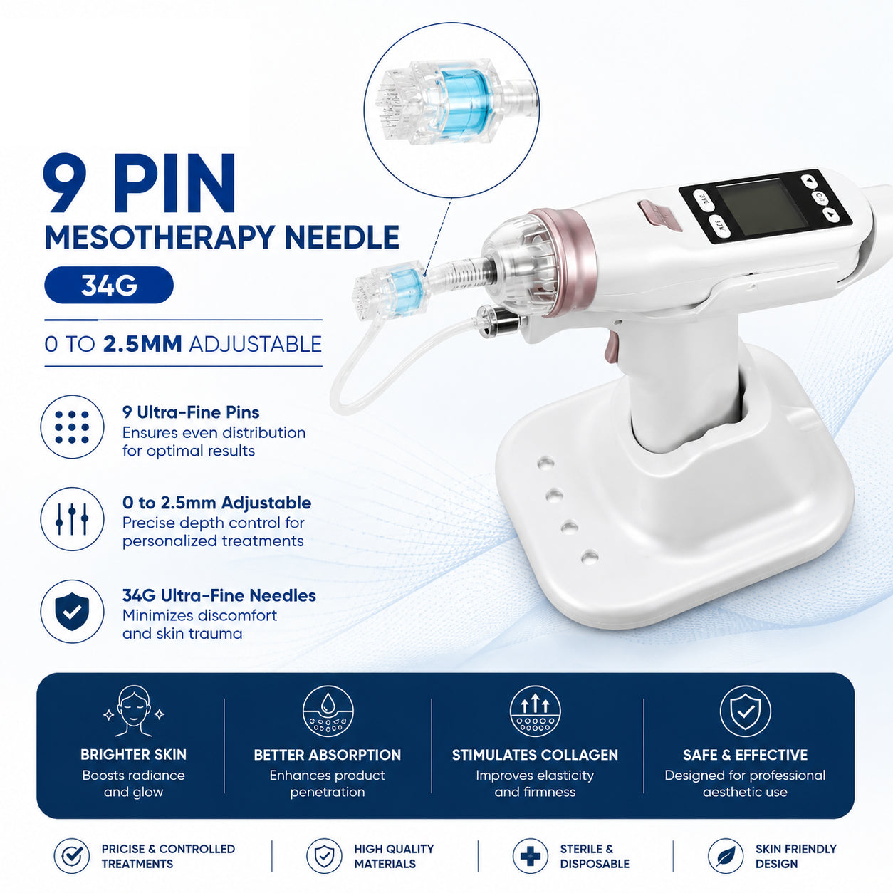 9 Pin 34G Mesotherapy Needle 0 to 2.5mm Adjustable